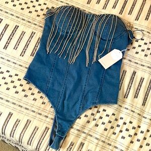 New with tags denim and rhinestone strapless bodysuit.